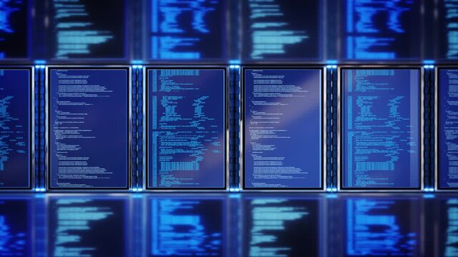 Programming Code Screens Data Technology digital screens displaying data interfaces modern tech environment. software development visuals, cybersecurity themes or digital technology presentations.
