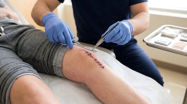 Doctor removing stitches from patient knee after surgery in medical clinic