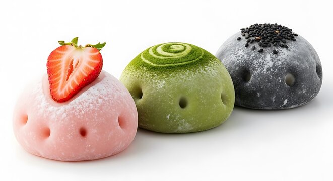 Three mochi desserts feature strawberry, matcha, and black sesame flavors on a clean studio background