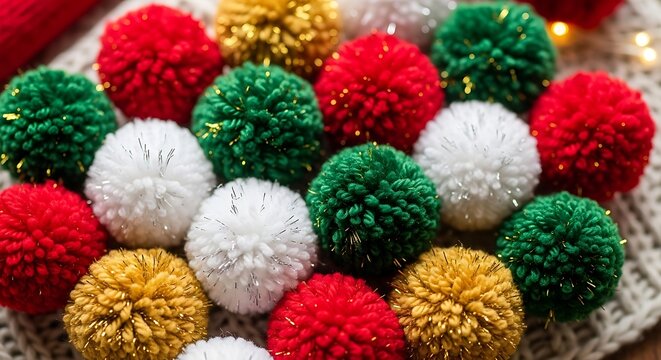 Colorful fluffy pom poms assortment in red green white and gold for decoration