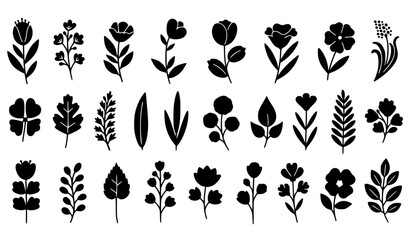 Obraz premium Minimal Floral and Botanical Silhouette Icon Collection Featuring Abstract Flowers Leaves Plants and Nature Elements for Decorative Vector Design