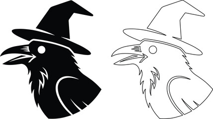 Naklejka premium Halloween raven witch vector icon set, spooky crow bird wearing wizard hat, black silhouette and line art illustrations for occult graphic design