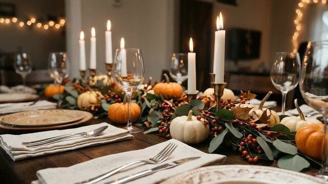Elegant Thanksgiving Table Setting with Pumpkins and Candles