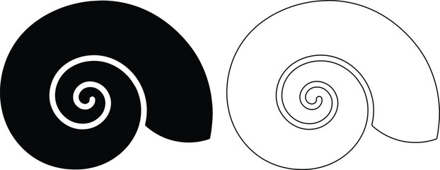 Minimalist spiral seashell vector icons, black silhouette and thin line nautilus shell graphics, geometric snail shell logo elements for branding © ArsiStudio