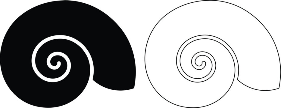 Minimalist spiral seashell vector icons, black silhouette and thin line nautilus shell graphics, geometric snail shell logo elements for branding