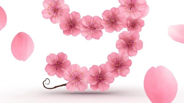 Number nine formed by a cherry blossom branch with pink flowers, buds, and falling petals on a white background