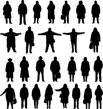 Large set of black silhouettes of people standing. Men and women in winter or autumn outerwear, coats and jackets