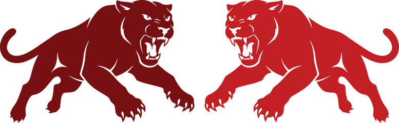 Aggressive panther mascot vector, roaring red cougar sports logo, fierce mountain lion feline character, wild cat predator illustration for team branding © ArsiStudio