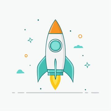Flat design rocket launching into space with stars and clouds