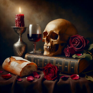 A vanitas sacra still life with skull and Eucharist, Ai generated image