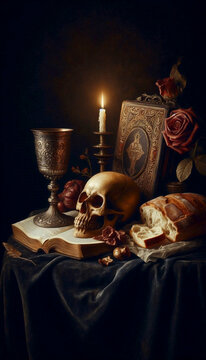 A vanitas sacra still life with skull and Eucharist, Ai generated image