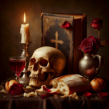 A vanitas sacra still life with skull and Eucharist, Ai generated image