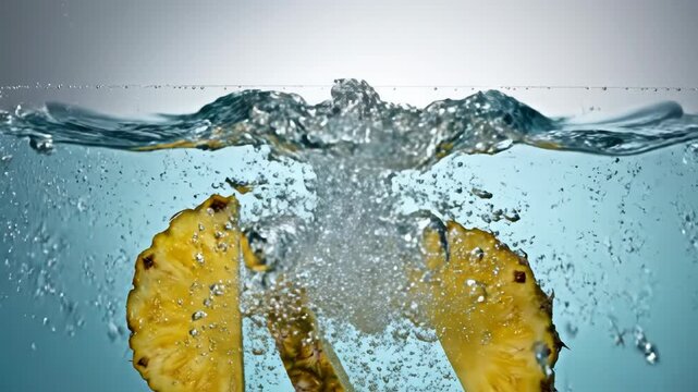 High-speed studio shot of fresh juicy pineapple slices falling into clean blue water, creating a dynamic splash and air bubbles against a neutral grey background.