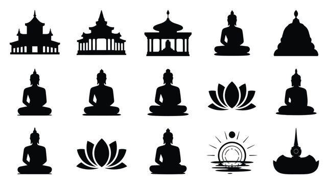 Collection of black silhouettes featuring traditional asian architecture meditating buddha figures and lotus flowers on a clean white background ideal for spiritual and cultural