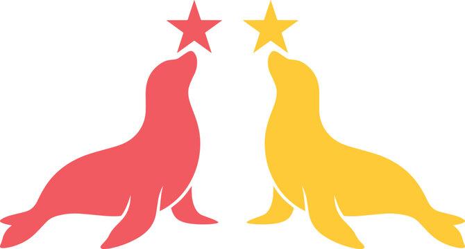 Minimalist circus seal vector silhouettes, red and yellow sea lions balancing stars on noses, playful marine animal logo icons for entertainment