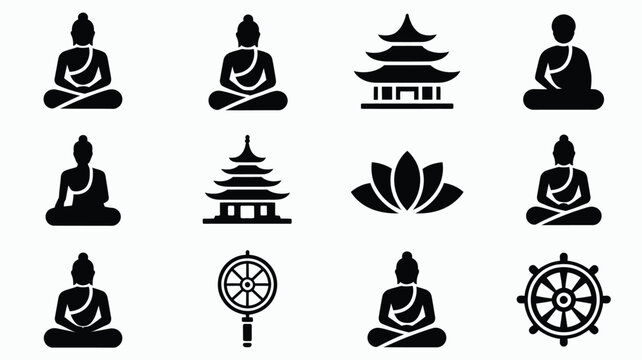 Collection of minimalist black silhouette icons representing buddhist culture including meditating buddha figures traditional pagodas serene lotus flowers and the dharmachakra