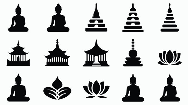 Collection of black silhouette icons featuring buddha statues pagoda structures and lotus flowers on a clean white background representing spirituality serenity and eastern