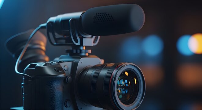 Photorealistic close-up of compact camera with shotgun microphone in cinematic low light scene with soft blue and orange highlights.