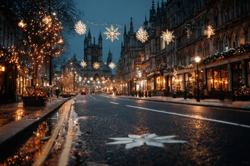 Obraz premium Magical Christmas City Street at Night with Festive Lights and Historic Architecture
