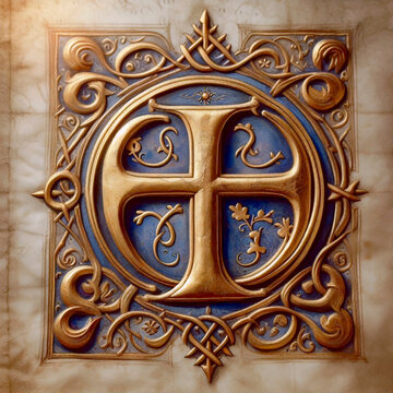 Illuminated manuscript page with Chi Rho monogram, Ai generated image