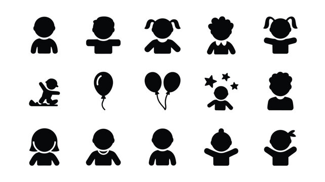 Minimalist kids silhouette icon pack with various poses and expressions on white background for design and decoration