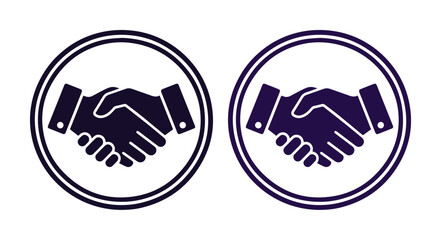 Obraz premium Minimalist handshake icon set in circular frames, professional business partnership symbols, dark purple deal agreement vector graphics for corporate branding