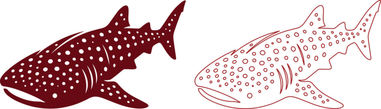 Whale shark vector silhouette and line art set, maroon spotted marine animal icons, giant sea creature illustrations for ocean conservation