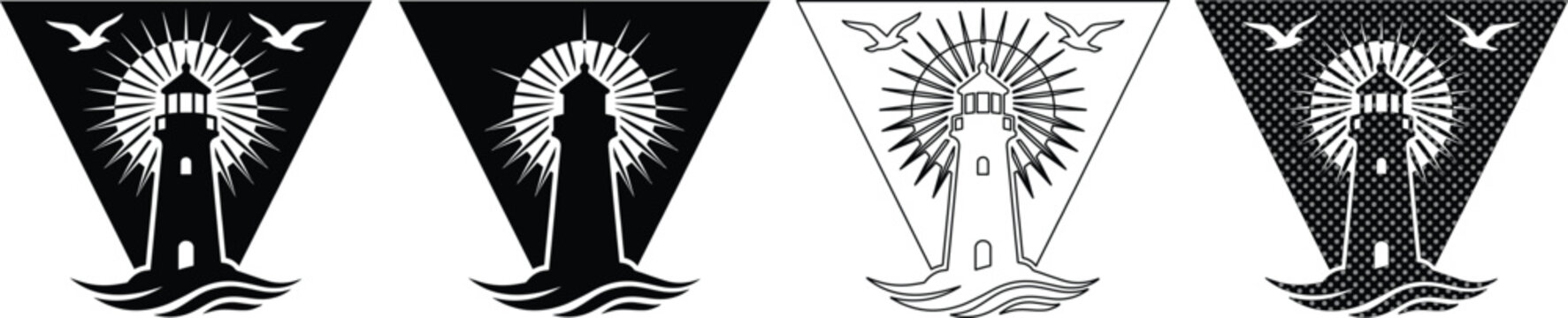 Vintage lighthouse logo set with sunburst and seagulls, nautical beacon vector icons in triangle frames, black and white maritime emblems