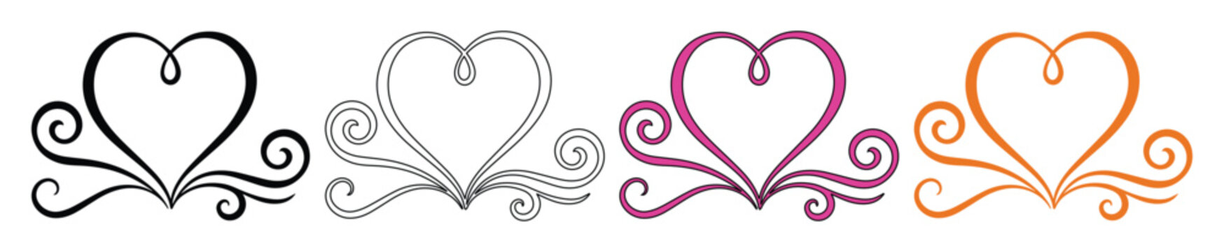 Elegant heart swirl flourishes in four colors, decorative romantic line art set, vintage wedding invitation ornaments, filigree heart vector icons