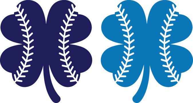 Baseball four leaf clover vector icons, lucky shamrock sports logo set in navy and royal blue, athletic cloverleaf with ball stitching for team branding