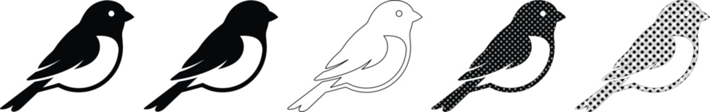 Minimalist bird icon set with 5 vector silhouettes, black sparrow and robin bird illustrations, simple avian wildlife graphic elements for logo design