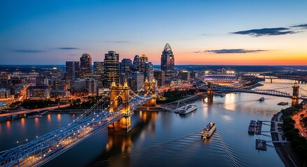Fototapeta premium City skyline at sunset with bridges and river reflecting lights