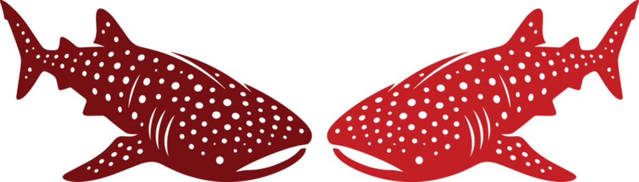 Whale shark vector silhouette with white spots, red marine animal illustration, symmetrical aquatic fish design for ocean conservation branding