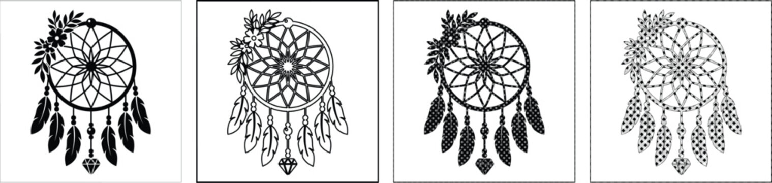 Bohemian dreamcatcher vector set, tribal dream catcher silhouettes with feathers and flowers, black and white ethnic charms for laser cutting and vinyl