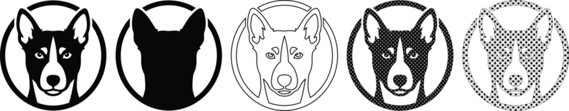 Basenji dog head vector icons set, minimalist canine breed logo collection, black and white pet portrait silhouettes for branding and stickers