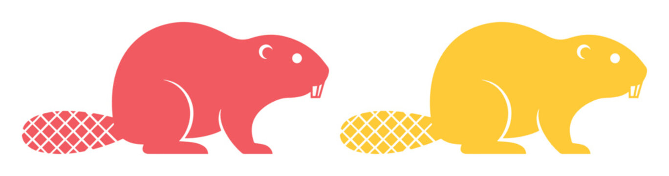 Minimalist beaver vector icons, red and yellow beaver silhouettes with flat design, wild animal rodent graphics for nature branding and logo design