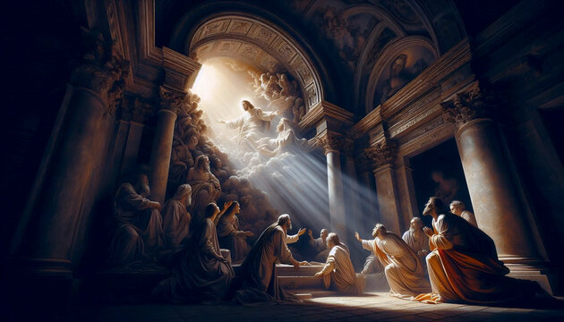 The resurrection of Lazarus in a crypt interior, Ai generated image