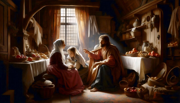 Christ in the home of Martha and Mary, Dutch Golden Age style, Ai generated image
