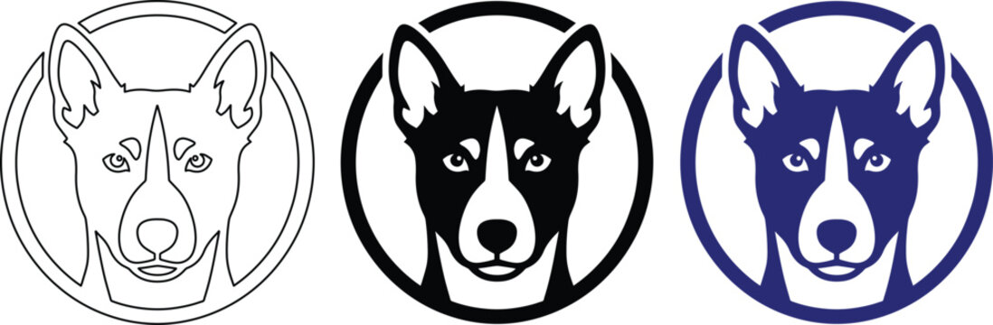 Basenji dog breed logo set, minimalist canine head vector icons, stylized african barkless dog portraits in circle frames for pet branding
