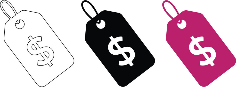 Minimalist price tag vector icons with dollar sign, retail sale labels in black and pink, shopping discount hang tags for e-commerce marketing