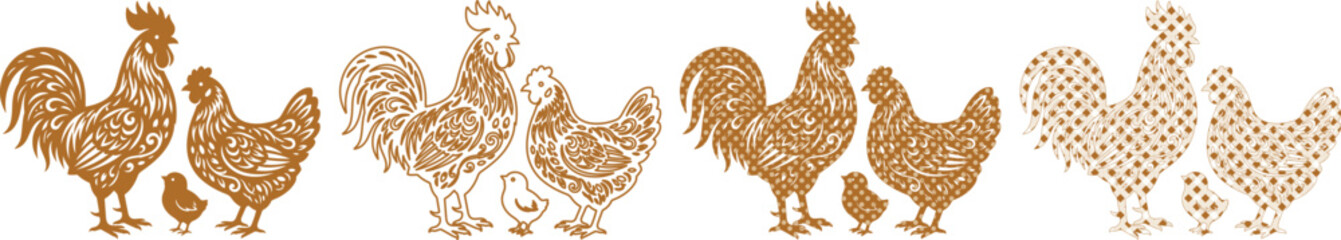 Vintage rooster and hen vector set, rustic farmhouse chicken family illustrations, brown hand drawn poultry silhouettes for organic food branding © ArsiStudio
