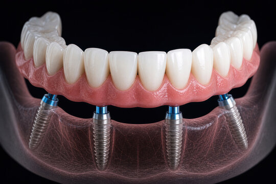 All-on-4 Dental Implants with Full Lower Arch Prosthesis, Implant-Supported Denture and Advanced Restorative Dentistry Illustration