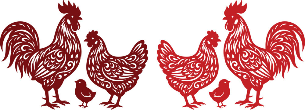 Traditional Chinese paper cut rooster and hen family, red lunar new year zodiac chicken vector, decorative folk art poultry silhouettes