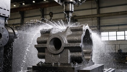 Medium shot capturing the robust casting and CNC cutting of cast iron gear pump casing emphasizing heavyduty manufacturing in a wellequipped metal workshop.