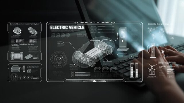 Technical layout of electric vehicle showing battery system, power control, traction motor, charging interface, and integration with renewable and smart energy sources Marrow