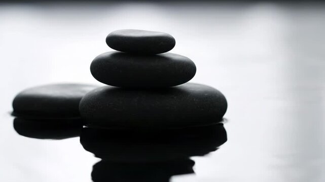 Stacked black basalt spa stones balanced on a reflective wet surface with falling water droplets and a bright minimalist background, zen composition for wellness and relaxation.