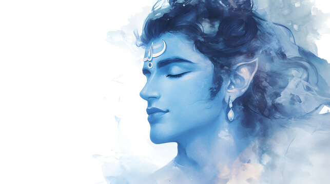 Lord Shiva with blue skin and calm expression in watercolor style illustration. Divine Hindu deity with crescent moon on forehead for spiritual, religious, or meditation concepts.