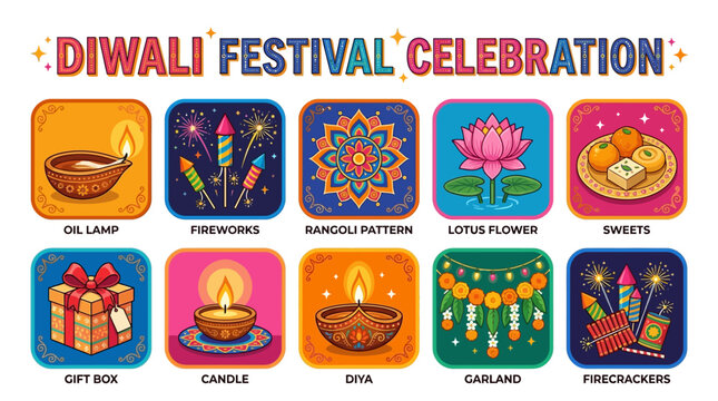 Diwali Oil Lamp Firework Rangoli Lotus Sweet Gift and Garland Symbols for Festival Celebration