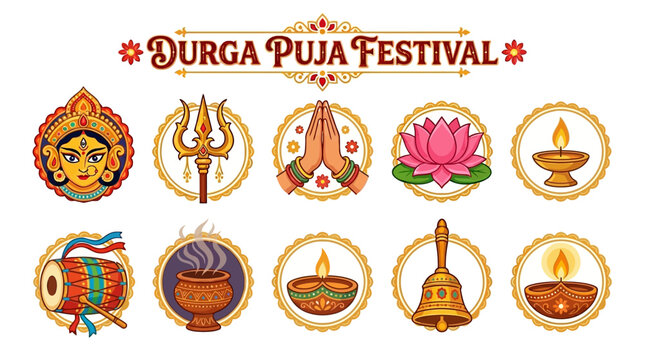 Durga Puja Festival Symbols with Goddess Face Trident Lotus Lamp and Drum