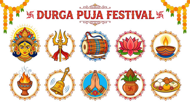 Durga Puja Festival Symbols with Goddess Face Trident Drum Lotus Lamp and Offerings